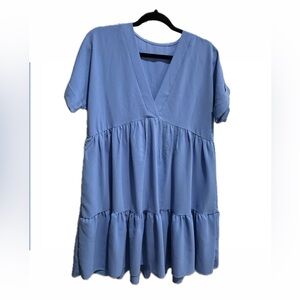 Blue V-Neck Tiered Babydoll Dress